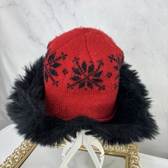 Vintage 70s Knit Russian Hat Women's Nordic Winter Beanie Red Black Faux Fur - Picture 3 of 13